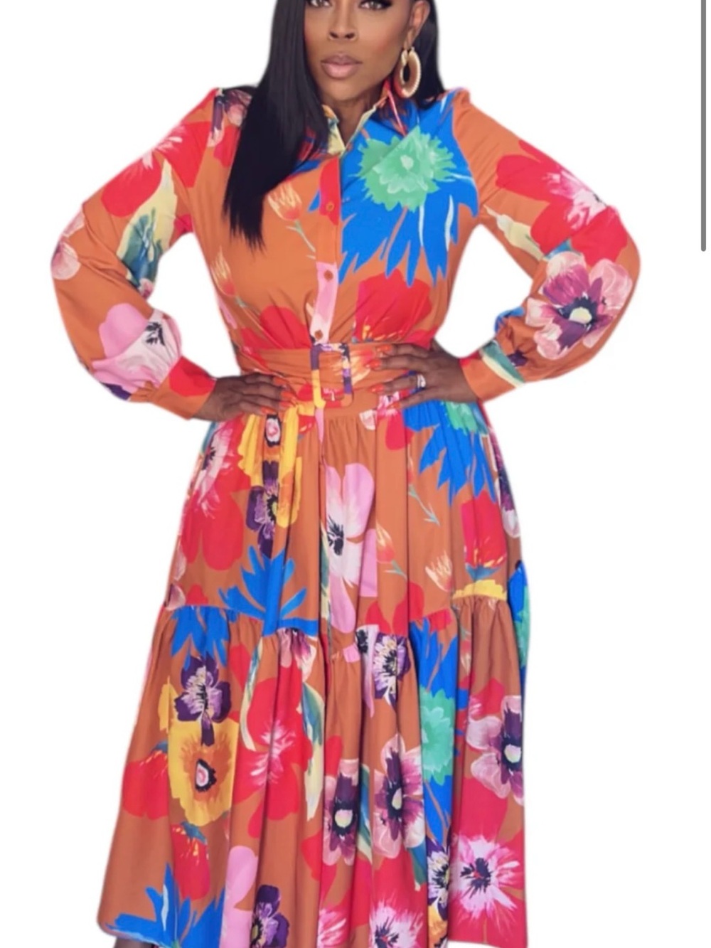 Floral Button-Front Midi Dress in Burnt Orange